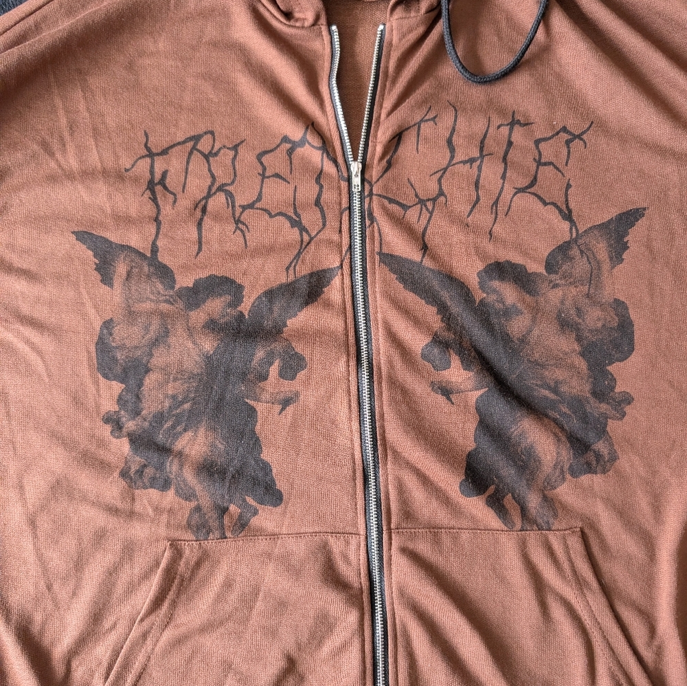 Y2K Frenchie Dark Angel Cherub Graphic Brown Full Zip Streetwear Hoodie Sz M image 3